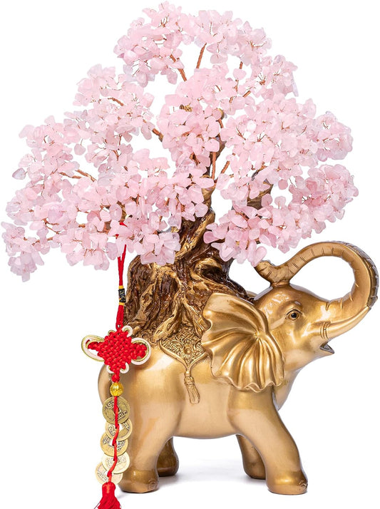 Citrine Crystal Money Tree on Gold Elephant Statue