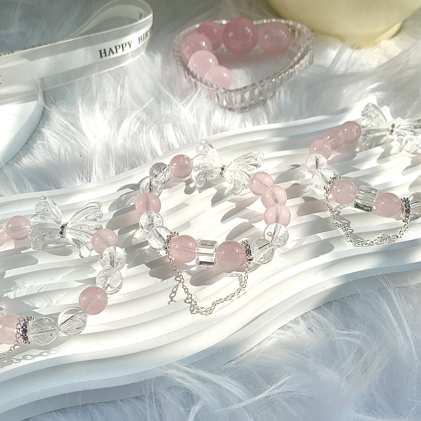 Clear Quartz Butterfly Rose Quartz Bracelet