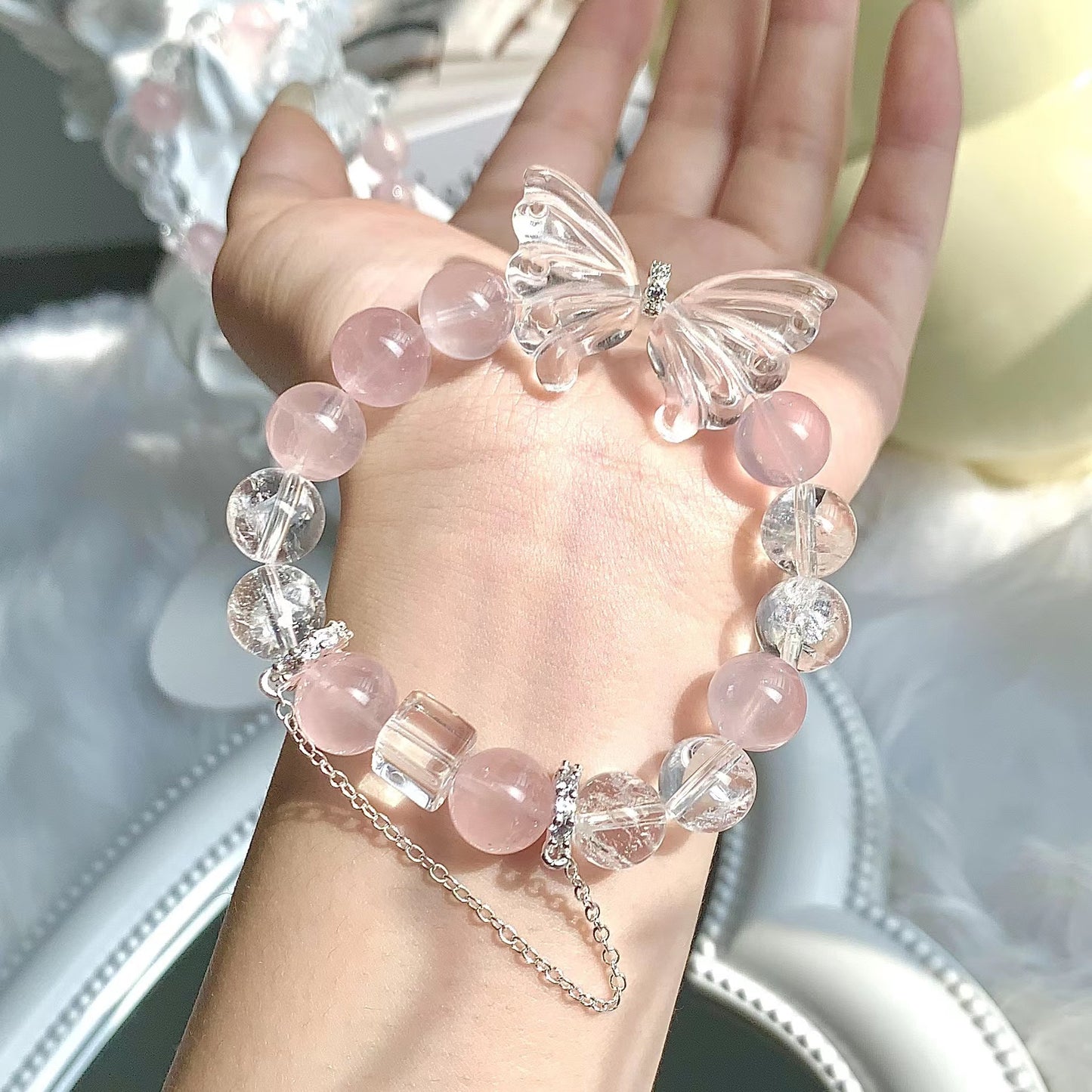 Clear Quartz Butterfly Rose Quartz Bracelet