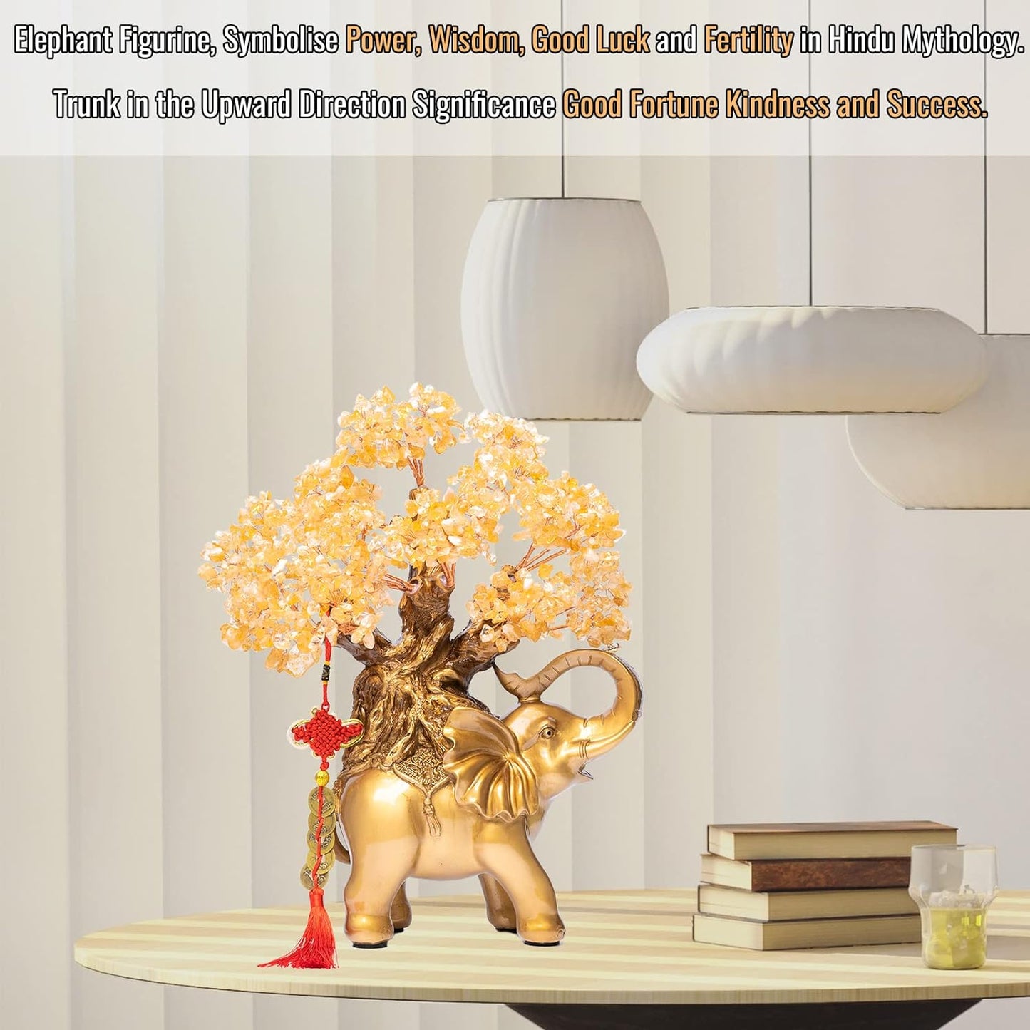 Citrine Crystal Money Tree on Gold Elephant Statue