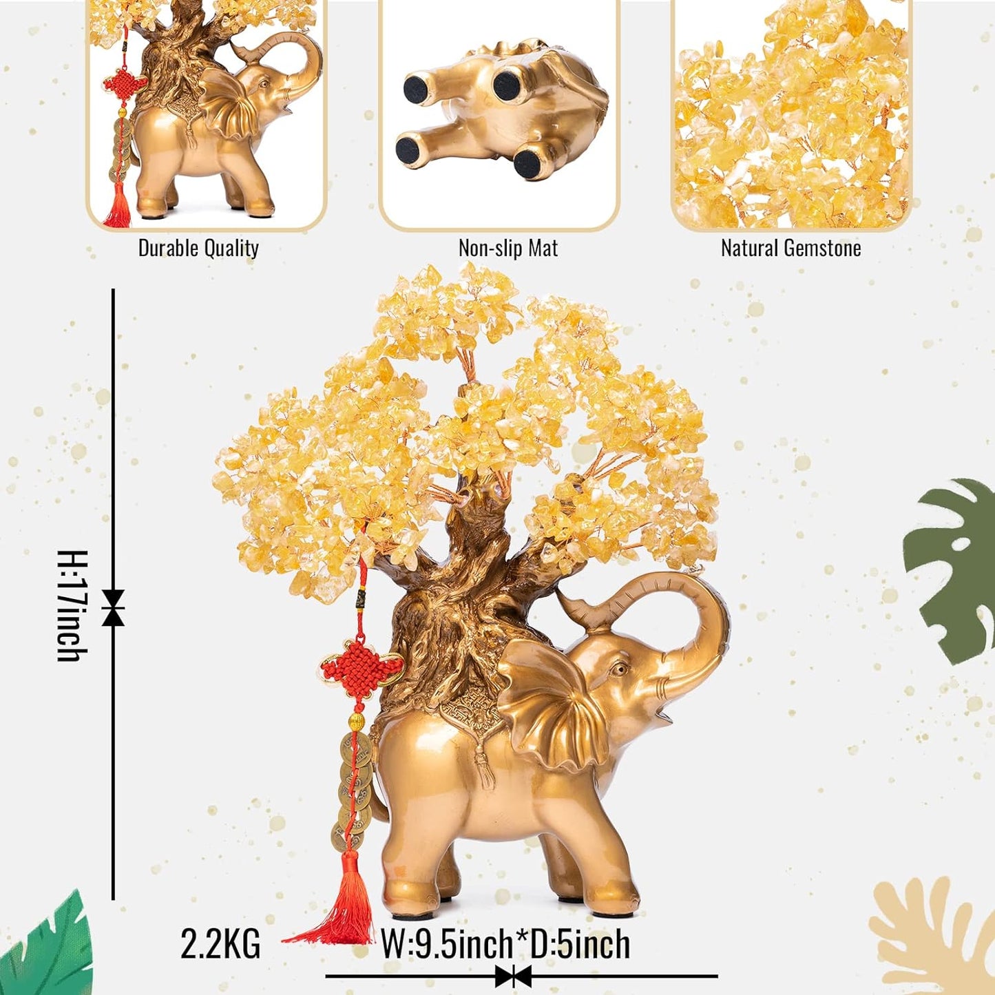 Citrine Crystal Money Tree on Gold Elephant Statue