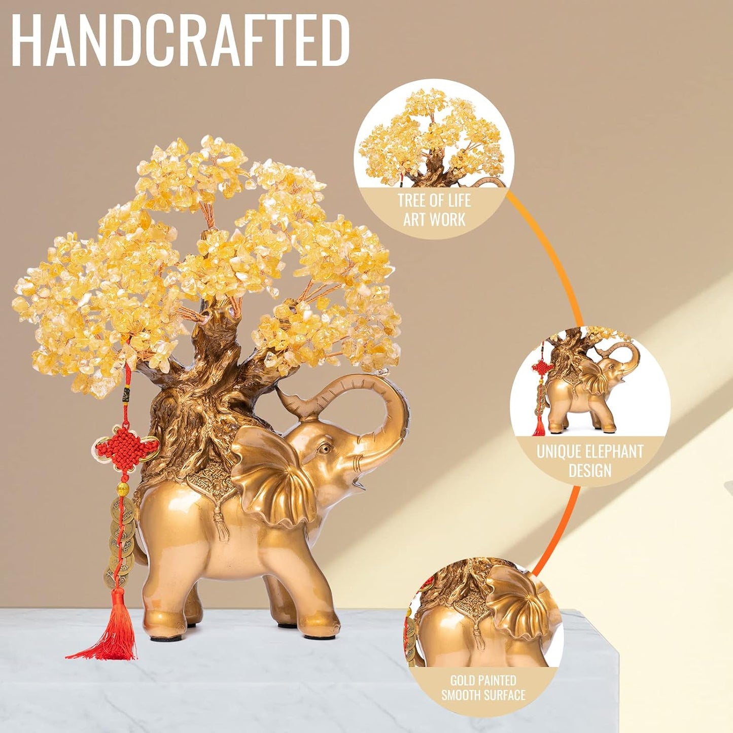 Citrine Crystal Money Tree on Gold Elephant Statue